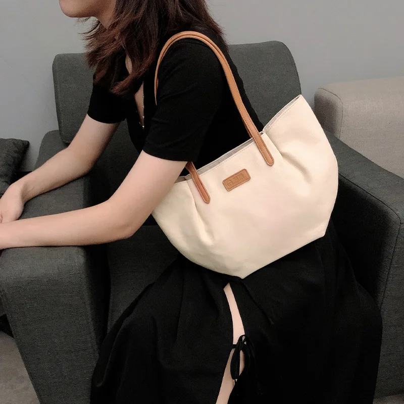 

Trendy Shoulder Bag Canvas Tote Bag Sen Series Art Dumpling Bag Solid Color Tote Bag Female Large Capacity