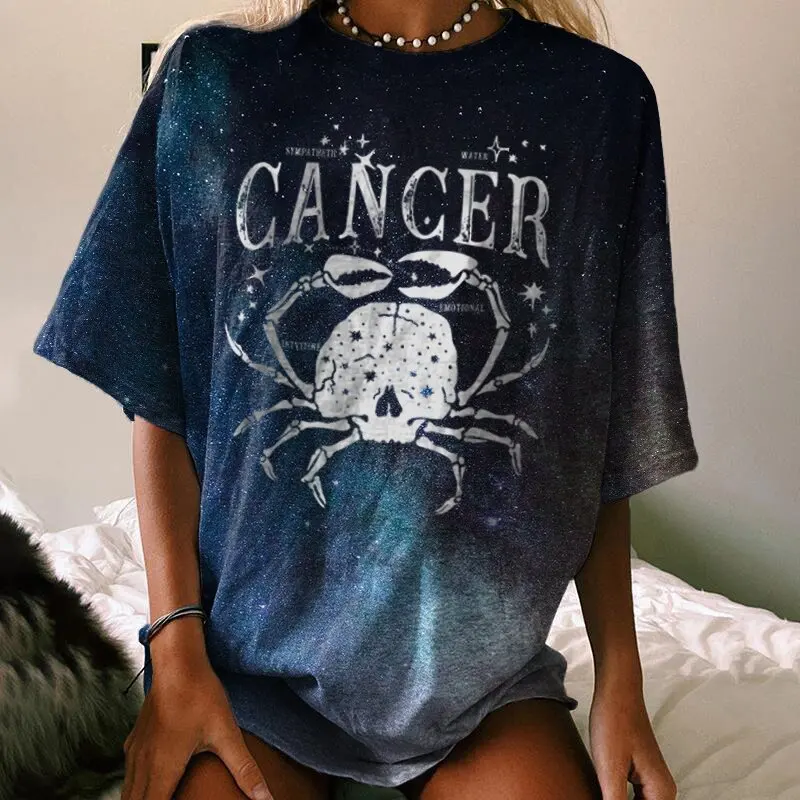 Capricorn Star Sky Print T-shirts Woman Summer Casual Loose Graphic Gothic Letter Short Sleeve O Neck Y2k Harajuku Shirt Tee Top t shirt oversize Tees
