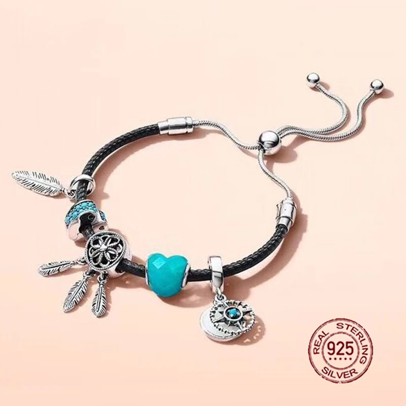 

NEW 2018 New Hot Sale 925 sterling silver Black Leather Bracelet Gift Set For Women Adjustable Charm DIY Jewelry