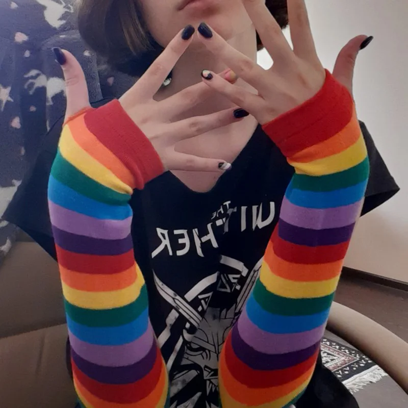 

Elbow Length Fingerless Gloves Rainbow Arm Sleeve Warmer Rainbow Striped Knitted Sunscreen Halloween Costume Fingerless Mittens