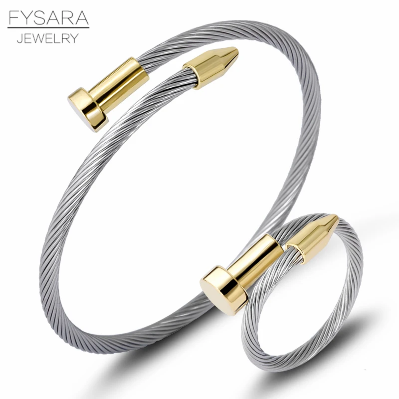 

FYSARA Twist Cable Wire Jewelry Set Women Men Nail Bracelets Rings Stainless Steel Jewelry Set Charm Ring+Bangle Luxury Jewelry