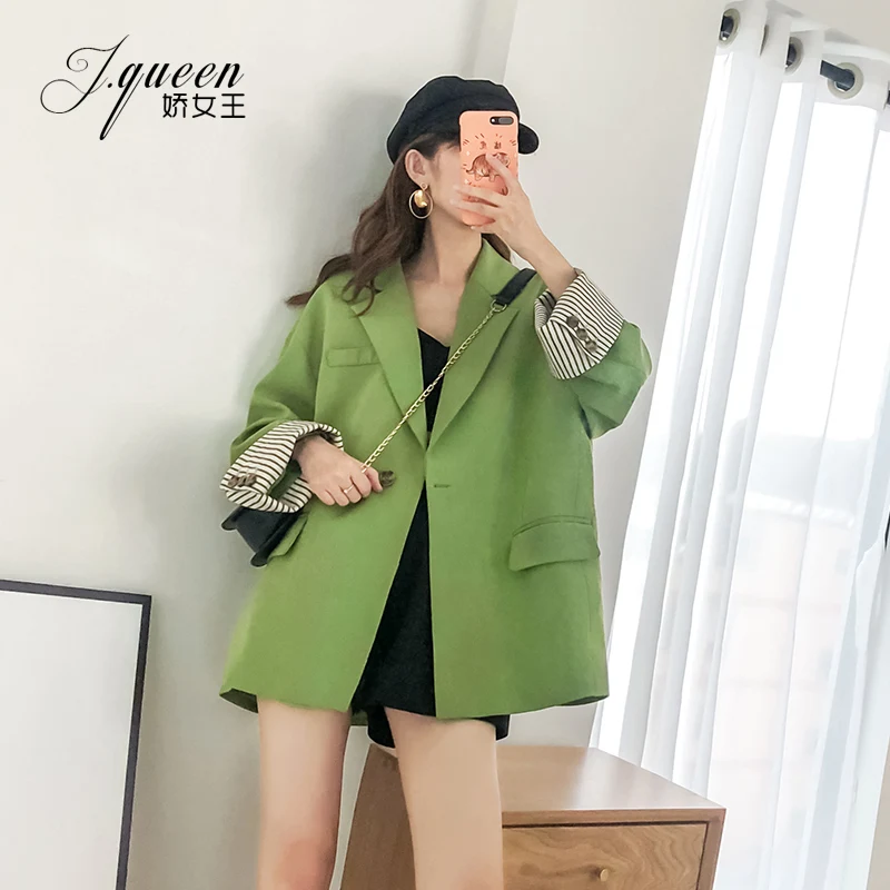 

Stripe Korean Ladies Blazer Loose Solid Green Simple Suit Jacket Casual Chamarras Mujer Stylish Party Women Jacket New MM60NXZ