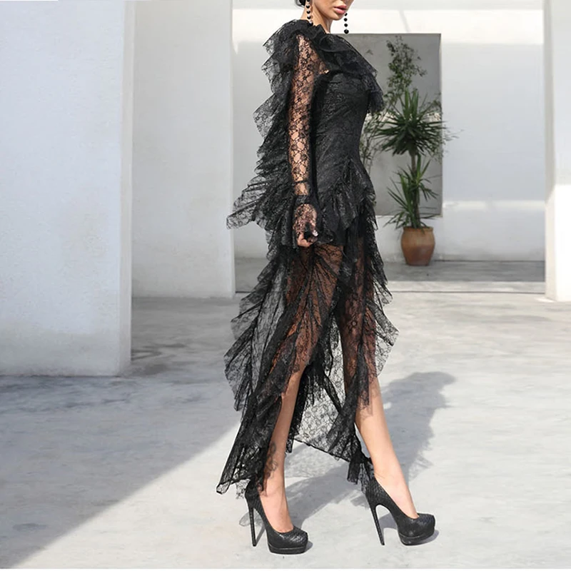 HIGH STREET/ Стильный дизайнерский комбинезон года для подиума, женский кружевной комбинезон с v-образным вырезом и длинными рукавами