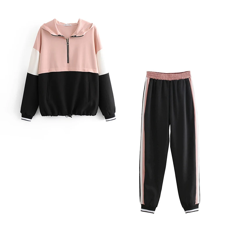 pink2 Розовый комплект из двух предметов в стиле пэчворк Женская куртка-бомбер с капюшоном на весну-осень года, комплект для девушек, комплект для бега, свободный комплект с капюшоном для девочек - Цвет: pink2