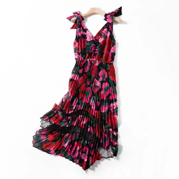 

Women Dress Spring and Summer New Lace V-neck Strap Print Dress