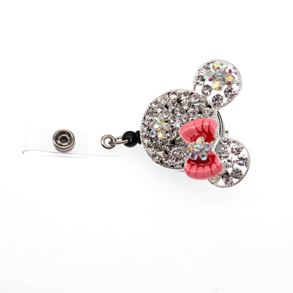 Clear Rhinestone Dot Pink Bow Minnie Mouse Head Retractable Black Badge Reel/ID Badge Holder/Pendant/Id Badge Holder
