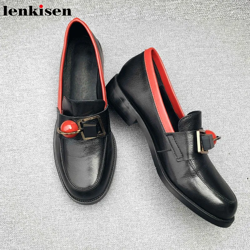 Lenkisen/модные женские туфли-лодочки из натуральной кожи разных цветов с металлическими украшениями без застежки с круглым носком на среднем каблуке в Корейском стиле; большие размеры; L1f8