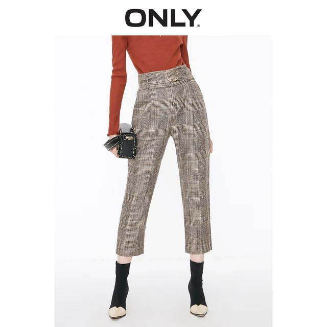 ONLY Women s Women s Loose Fit High-rise Checked Straight Crop Pants | 119150515