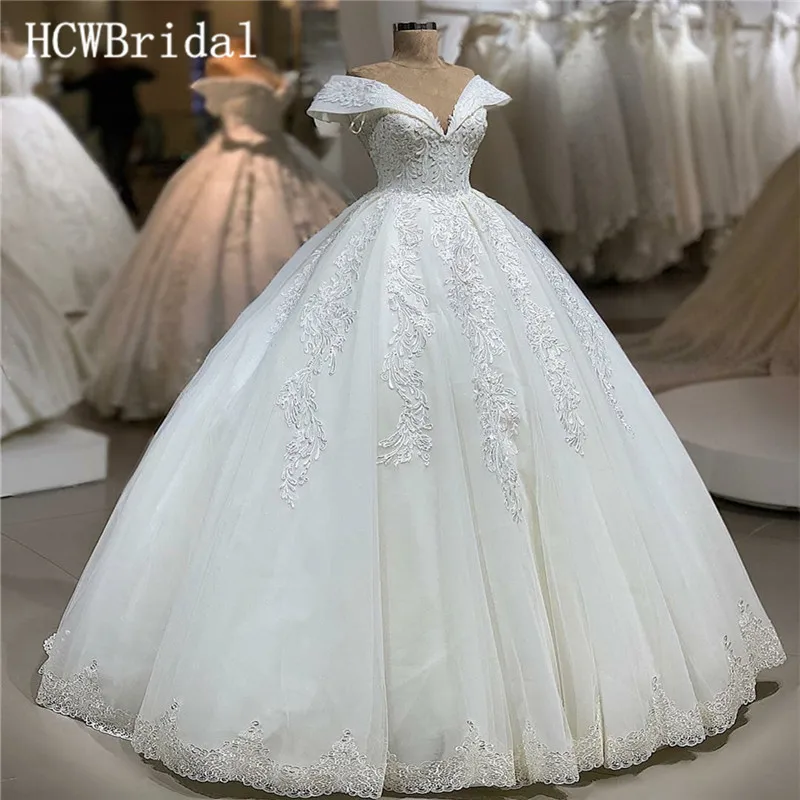 

2019 Luxury Ball Gown Wedding Dresses Off The Shoulder V Neck Gorgeous Lace Princess Bride Dress Robe De Mariage Customize