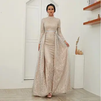 

Sparkle Long Sleeve High Neck Evening Dresses Detachable Train Arabian prom Dress Female Party Dress Real Pictures african dress