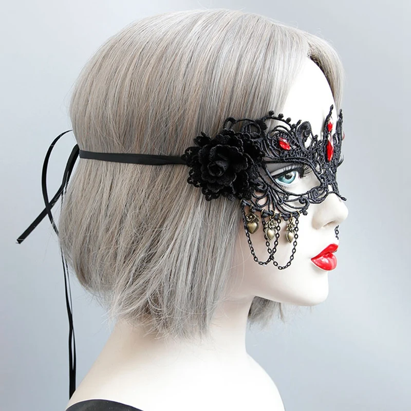 Маска на пол-лица для Хэллоуина маска маскарадная женская маска для глаз с черным цветком Красная маска со стразами