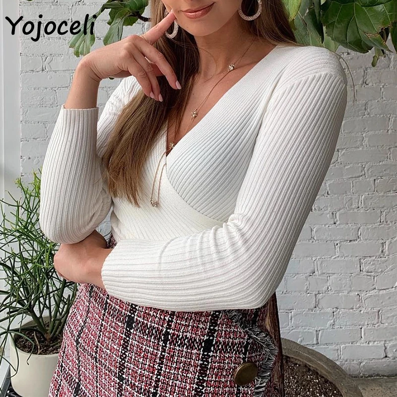 

Yojoceli 2019 autumn winter basic knitted sweater pullover v neck slim knit jumper top casual