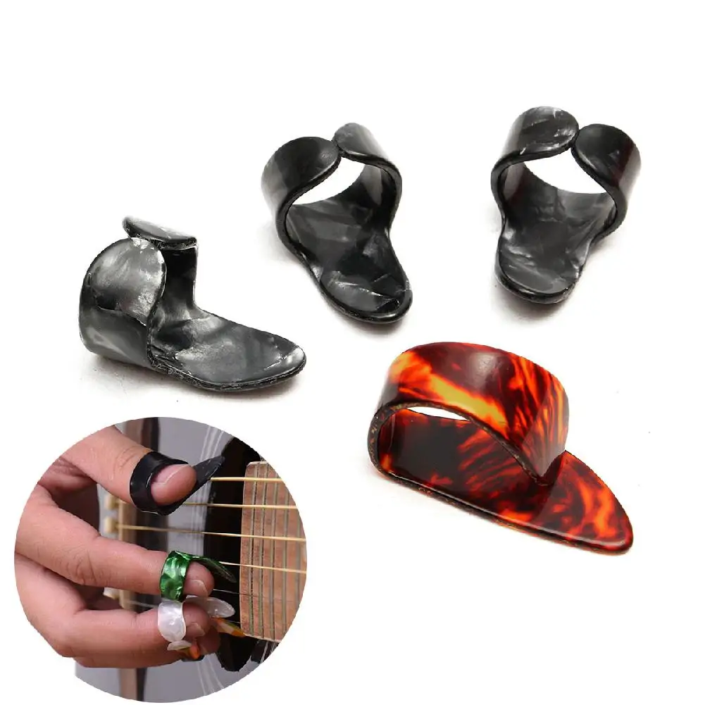 

4Pcs/set Celluloid 1 Thumb + 3 Finger Guitar Picks Guitar Plectrums Sheath for Acoustic Electric Bass Guitar Random Color