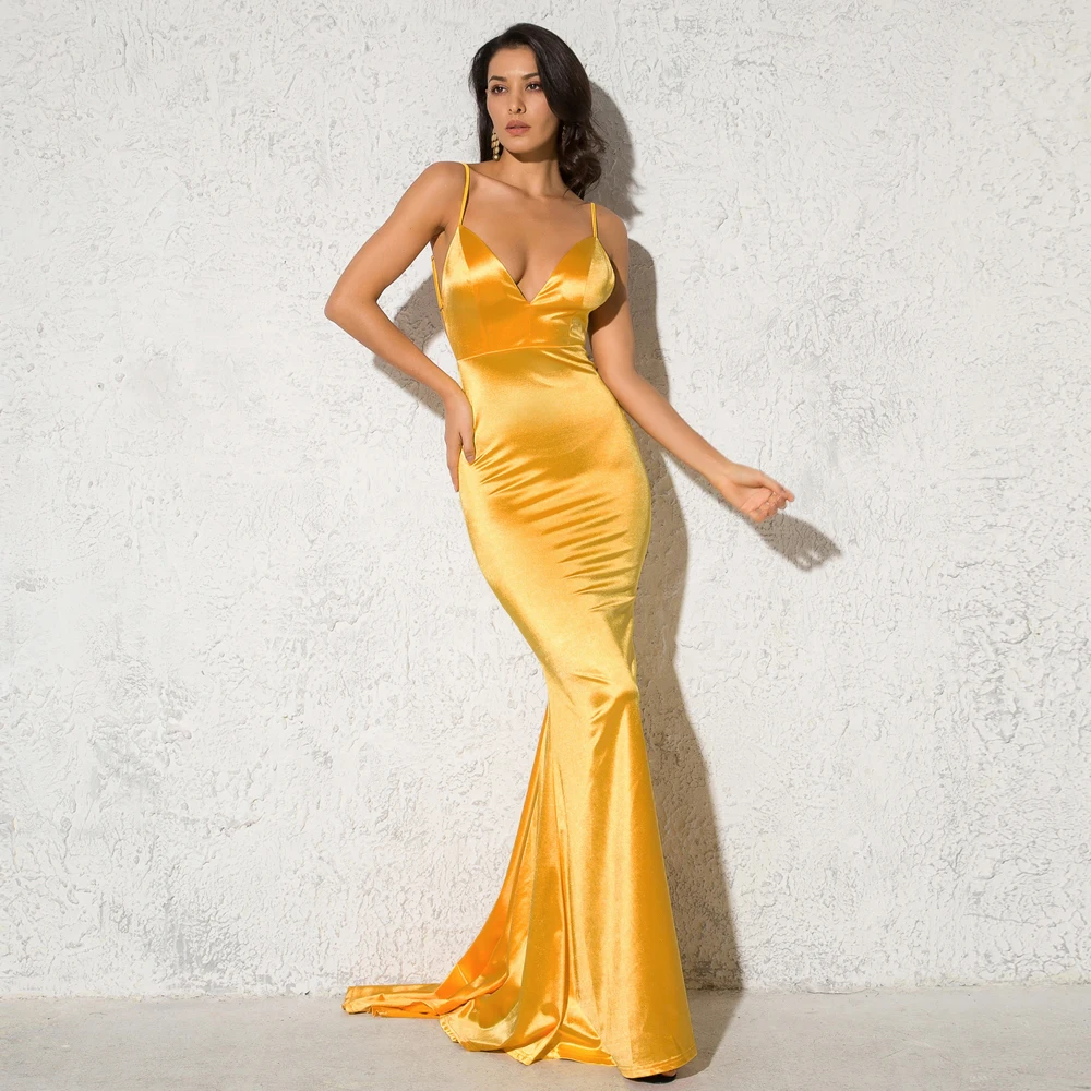 Shiny Yellow Satin Maxi Dress Deep V Neck Backless Floor Length Mermaid