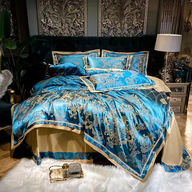 

Blue Jacquard Satin Bedding Set Luxury Hollowing out Embroidery Bedclothes Duvet Cover Sets Pillowcases 100%Cotton Bed Sheet