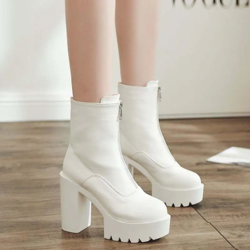 Botas Mujer Fashion Women Boots Square Heel Platforms Zapatos Mujer PU Leather Thigh High white Boots Motorcycle Shoes YMA904