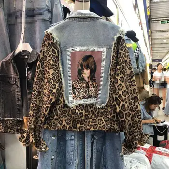 

Vintage Punk Applique Women Denim Jacket Harajuku Leopard Jean Jackets Coat Loose Fashion Streetwear