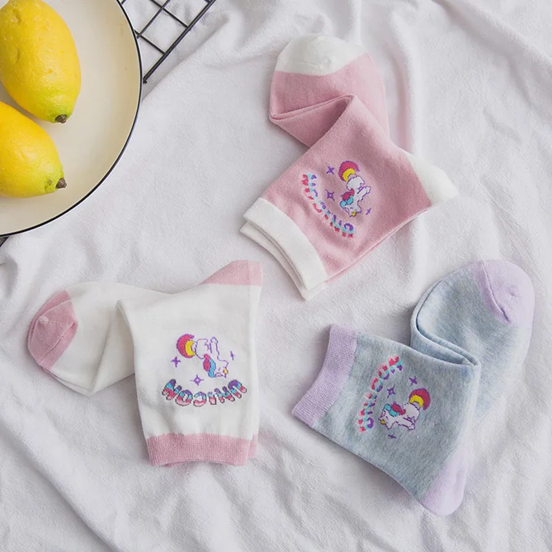 1 пара, Детские с рисунками из мультфильмов Kawaii Единорог носки, японский стиль для девочек цветные носки полностью хлопковые носки для девочек