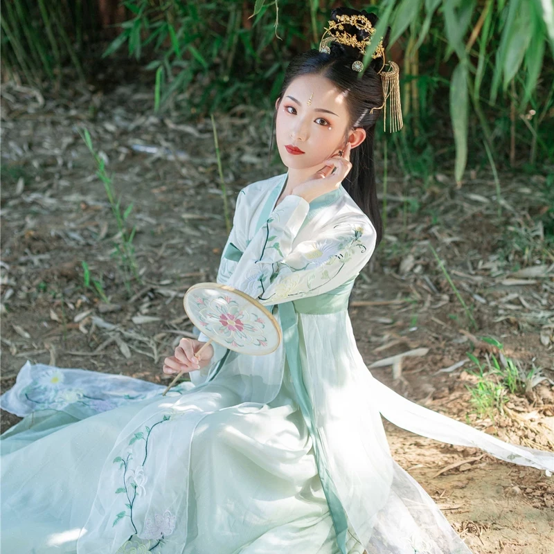 Зеленые танцевальные костюмы Hanfu женское платье феи с вышивкой древний народный фестиваль наряд певцы рейв представление одежда DC2711