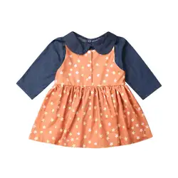 Детская одежда для маленьких девочек Джинсовая футболка с длинными рукавами топ + платье с цветочным принтом комплект осенней одежды из 2