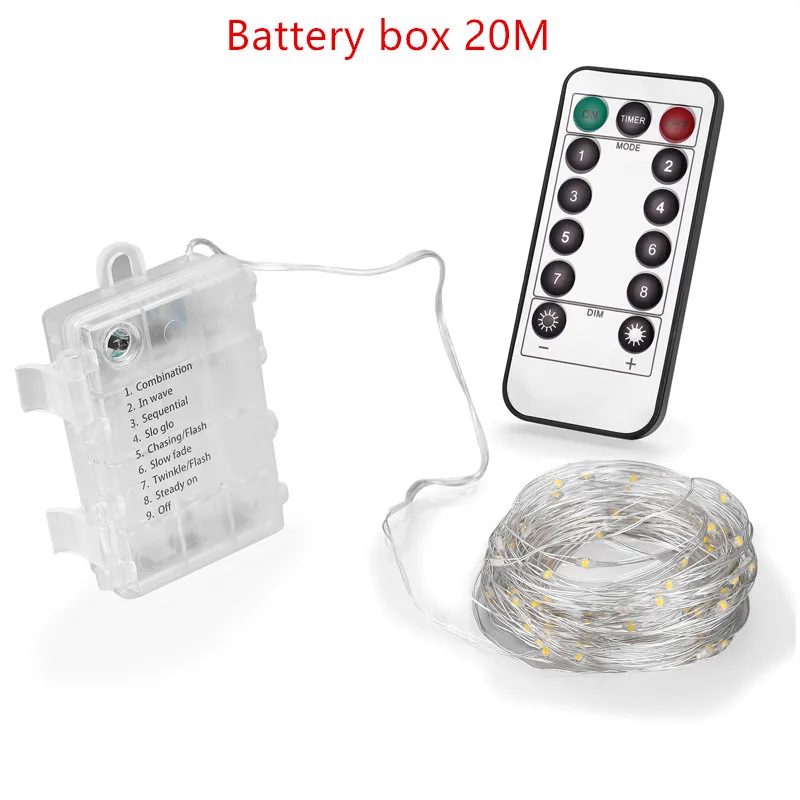 thumbnail image 1 of Cadena de luces LED para exteriores, impermeable, 8 modos, 5 m, 10 m, 20 m, 3 pilas AA, para fiestas navideñas, festivales, hadas, Navidad colorida, 1 of 5