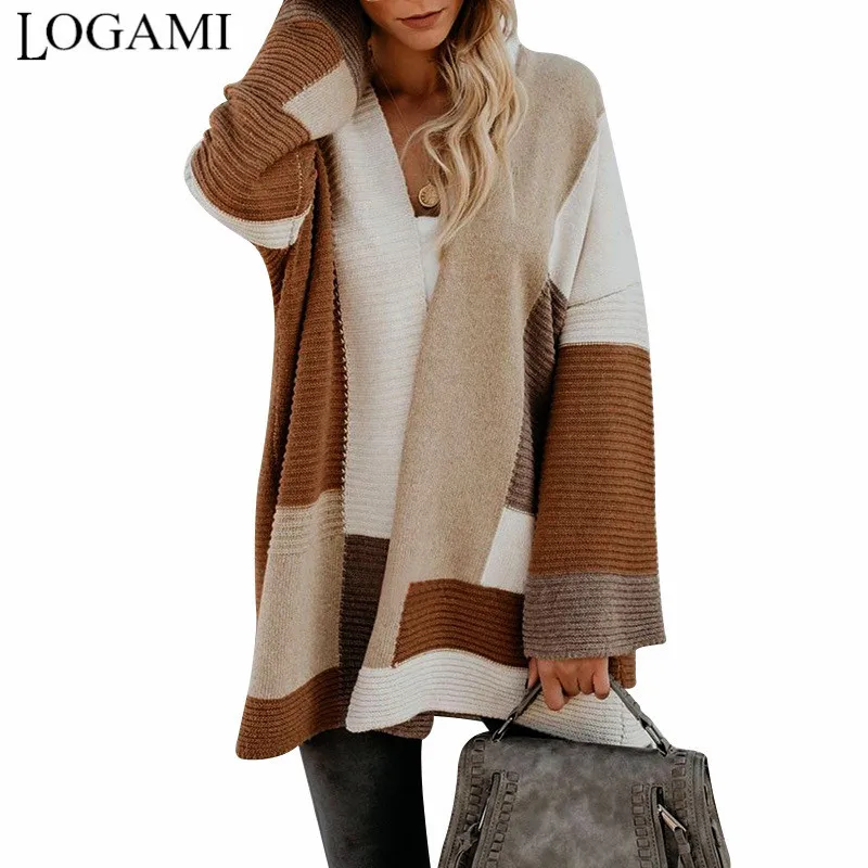 

LOGAMI Geometric Splice Cardigan Women Autumn Winter Loose Cardigans Womens Sweaters Long Coat