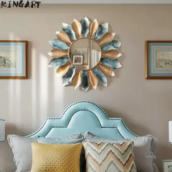 

Antique Wall Mirror Creative Leaf Round Wall Mirror Living Room Home Decor Design Vintage Brief Style Metal Modern 73x73cm