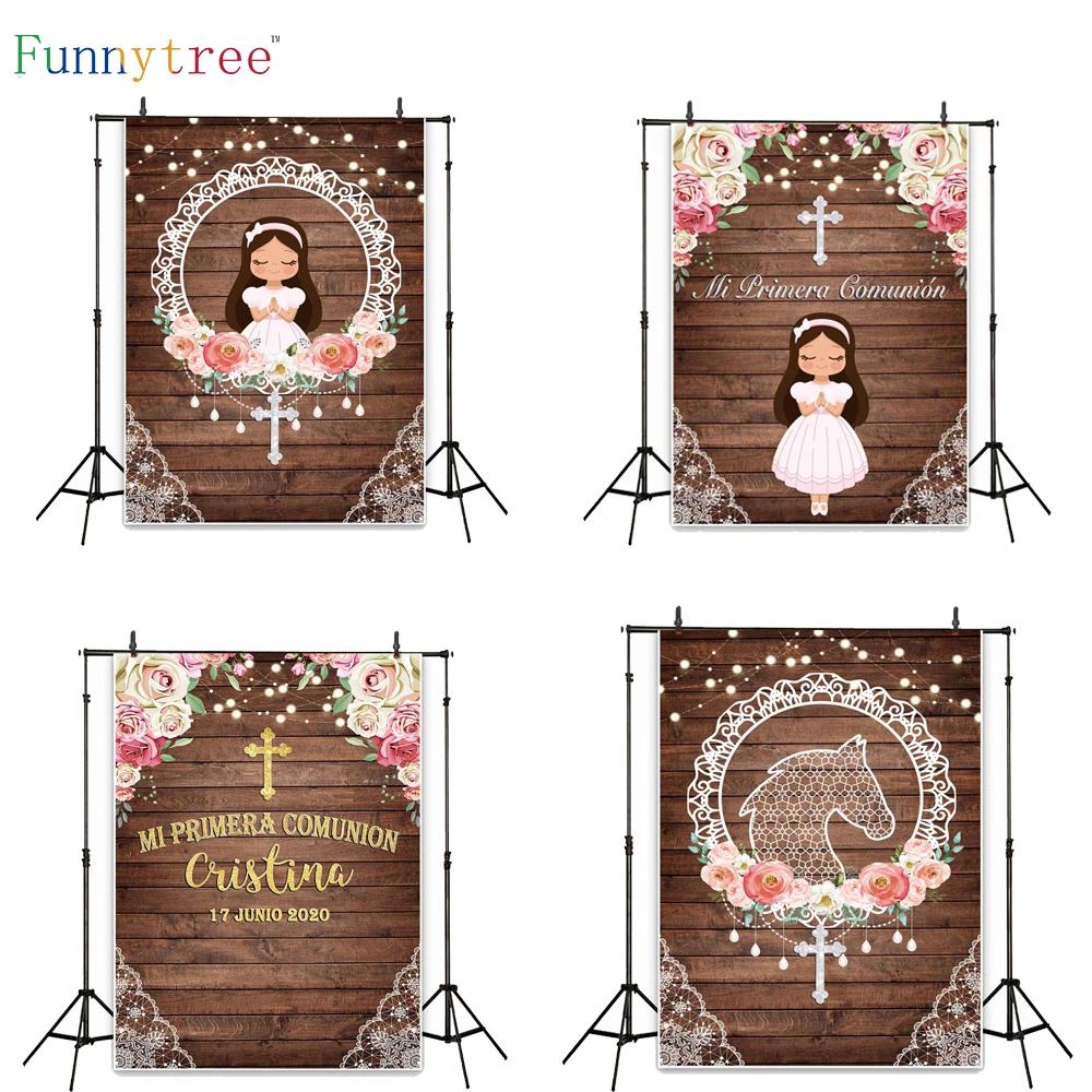 Funnytree Fondo de primera comunión para niños, telón de aniversario,  caballo, rosa, niña, sesión fotográfica, cumpleaños, Banner, fotografía| Fondo| - AliExpress