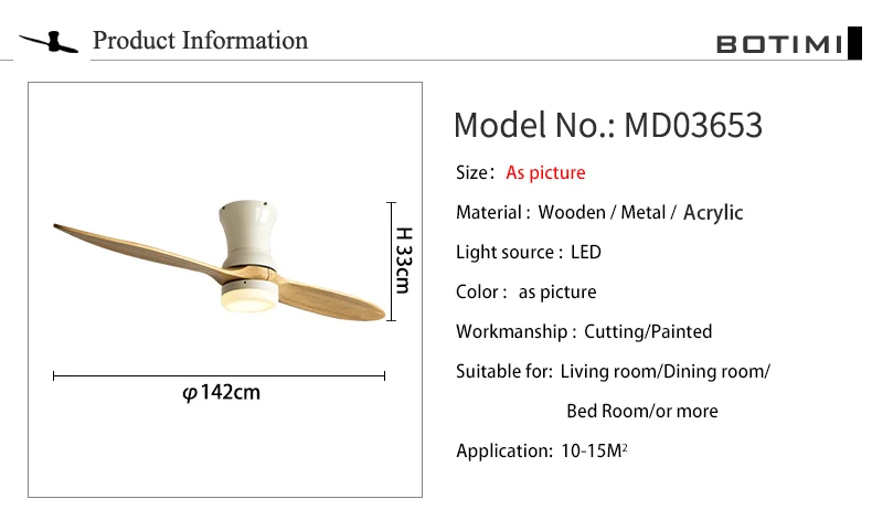 BOTIMI скандинавский 220V светодиодный потолочный вентилятор с пультом дистанционного управления для низкого потолка 2 деревянные лопасти потолочный вентилятор лампа Декор Vantilator