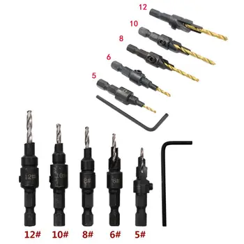 

5Pcs HSS Countersink Drill Bits Woodworking Drilling Pilot Holes Hex Key Wrench CORC