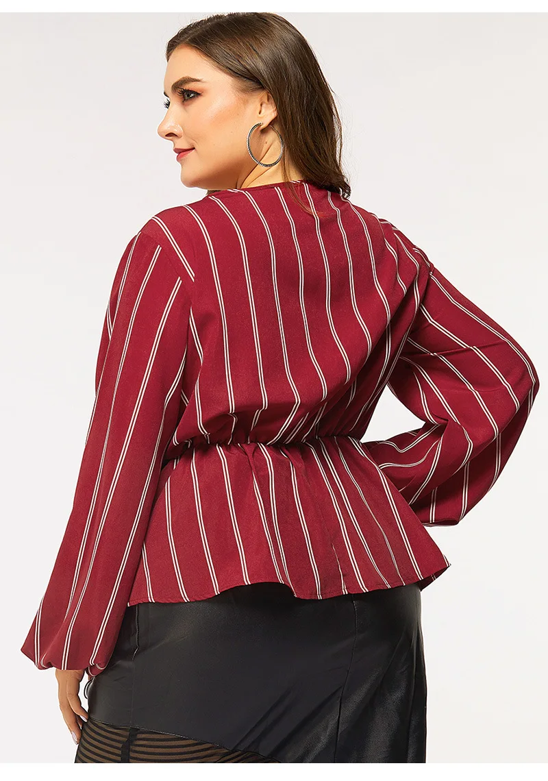 Весна-Осень, топы размера плюс для женщин, большая блуза с длинным рукавом, свободная повседневная рубашка в полоску с v-образным вырезом и поясом, красный цвет, 4XL 5XL 6XL 7XL