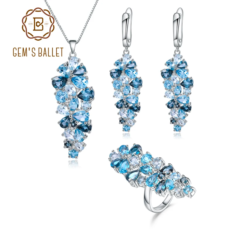 Серьги-кольца GEM'S BALLE с натуральным голубым топазом, набор с подвеской из 925 пробы серебра, Роскошные Ювелирные наборы с драгоценным камнем по месяцу рождения для женщин