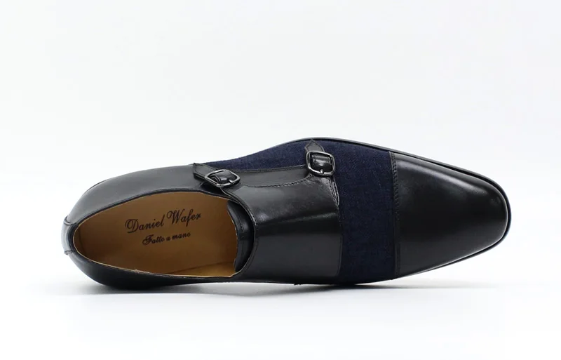 DANIEL WAFER Brand Designer Monk Strap Mens Dress Shoes Genuine Leather With Denim Black Brown Wedding Party Dress Shoes Men