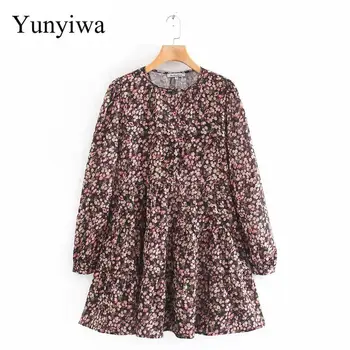 

2020 Women Elegant Long Sleeve Floral Print Casual Shirtdress Female O Neck Leisure Mini Vestidos Chic Ruffles Dresses