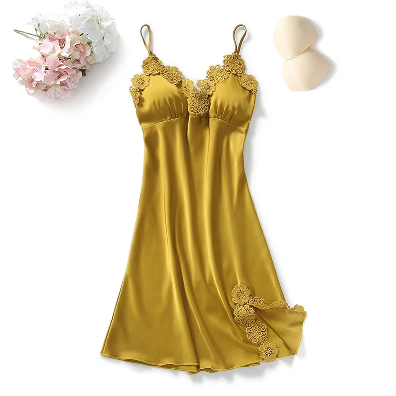 Yellow Robes Suit Autumn Women Nightgown Sets 2 Pieces Nightdress Bathrobe With Chest Pad Female Satin Kimono Bath Gown Sleepwea images - 6