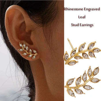 

Bohemian Earrings Jewelry Cute Rhinestone Engraved Leaf Fashion Stud Earring Best Gift for Women Girl wholesale E001