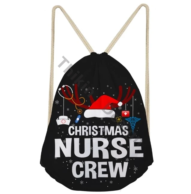 

Christmas Nurse Crew Print Drawstring Backpack Black Denim Outdoor Travel Gym Bags 3D Hip Hop Goblin Climbing Sport String Bags