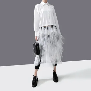 

Johnature Spring Summer Fashion Korean Patchwork Mesh Long Womens Tops And Blouses 2020 New Turn-down Collar Female Shirts