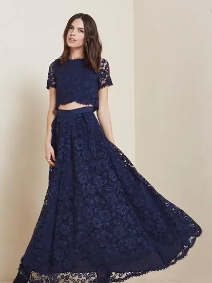 

2015 Cheap Lace Two Pieces Prom Dresses Navy Blue Short Sleeves Crew Neck Elegant Evening Dresses Floor Length A Line Bridesmaid
