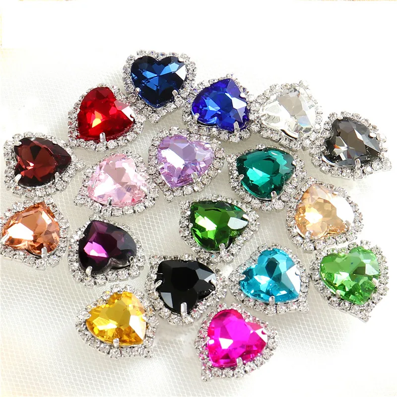 12mm 14mm Sewn Crystals Heart Glass Sew on Rhinestones Silver Base Flatback Apparel Sewing Stones Diy Clothing sew on rhinestones sewing rhinestones