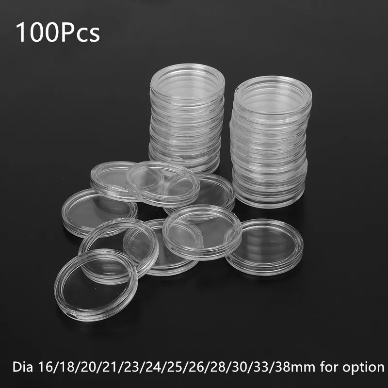 100Pcs 16/18/20/21/23/24/26/28/30/33/38mm Plastics Transparent Round Coin Capsules Coin Collection Holder Storage Container