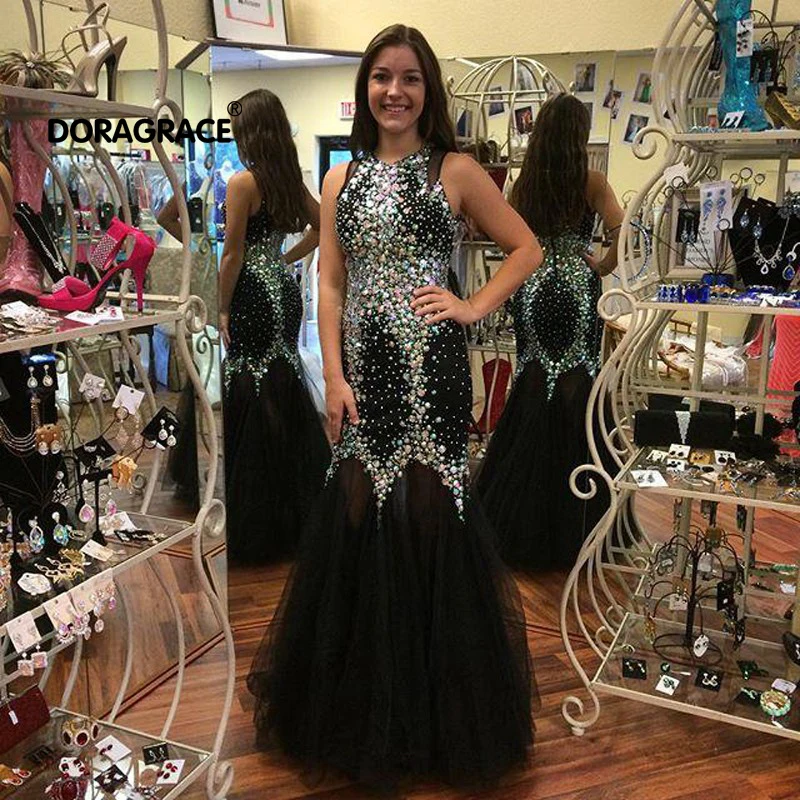 Doragrace robe de soiree Роскошный Кристалл бисером Русалка Черный Тюль Выпускные платья Формальные Вечерние платья