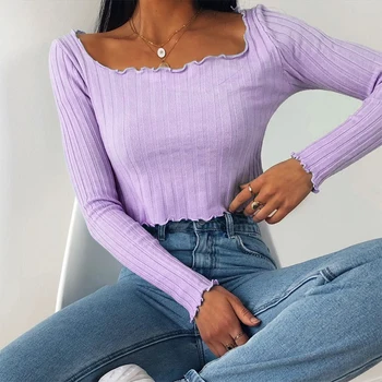 

Sweetown 2020 Autumn Long Sleeve Basic Casual T-Shirt For Women Streetwear Square Collar Aesthetic Solid Knitted Shirt Female