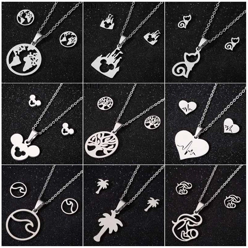 SMJEL Trendy Stainless Steel World Map Cat Tree Wave Heart Mouse Mother-Baby Sets Chain Necklace For Women Girls New Year Gift | Украшения
