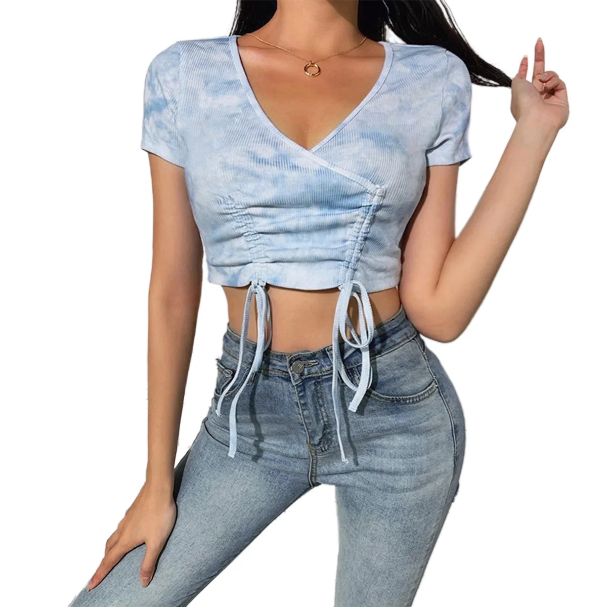 Фото Women Top Summer Tie Dyeing Pattern Short Sleeve Outfit Slim Crop Drawing Straps Deep V-Neck | Женская одежда