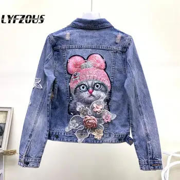 

Harajuku Cartoon Denim Jacket Women Slim Casual Frayed Beading Pearls Sequins Jeans Jacket Large Size Outwear Jackets And Coats