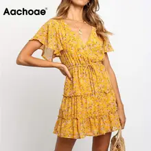 Летнее пляжное платье в стиле бохо Стиль Для женщин Цветочный принт шифоновое платье 20019 Sexy v-образным вырезом короткий рукав-Line Мини Платье для вечеринки