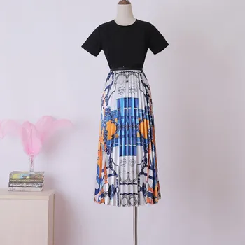 

2019 femme Women Vintage Casual Pleated Zipper High Waist Skirt A-line Printing Skirt Ladies Summer Casual Female Bottoms 8.15