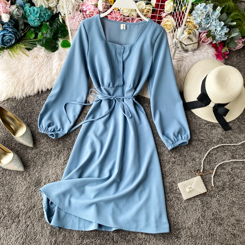 Teeuiear 2021 Vintage square collar Slim Spring autumn Midi Dress office Vestido de fiesta Party Women tie knee length Dresses | Женская