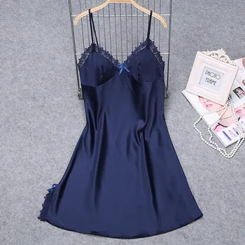 

Mujer Nightgown Satin Nightie Strap Sleepwear Women Night Dress Lace Patchwork Nightwear Femme Sexy Party Lingerie Sleep Lounge